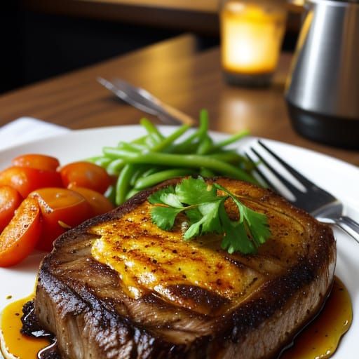 Mouthwatering Steak: Vibrant Oil Painting in Warm Lighting