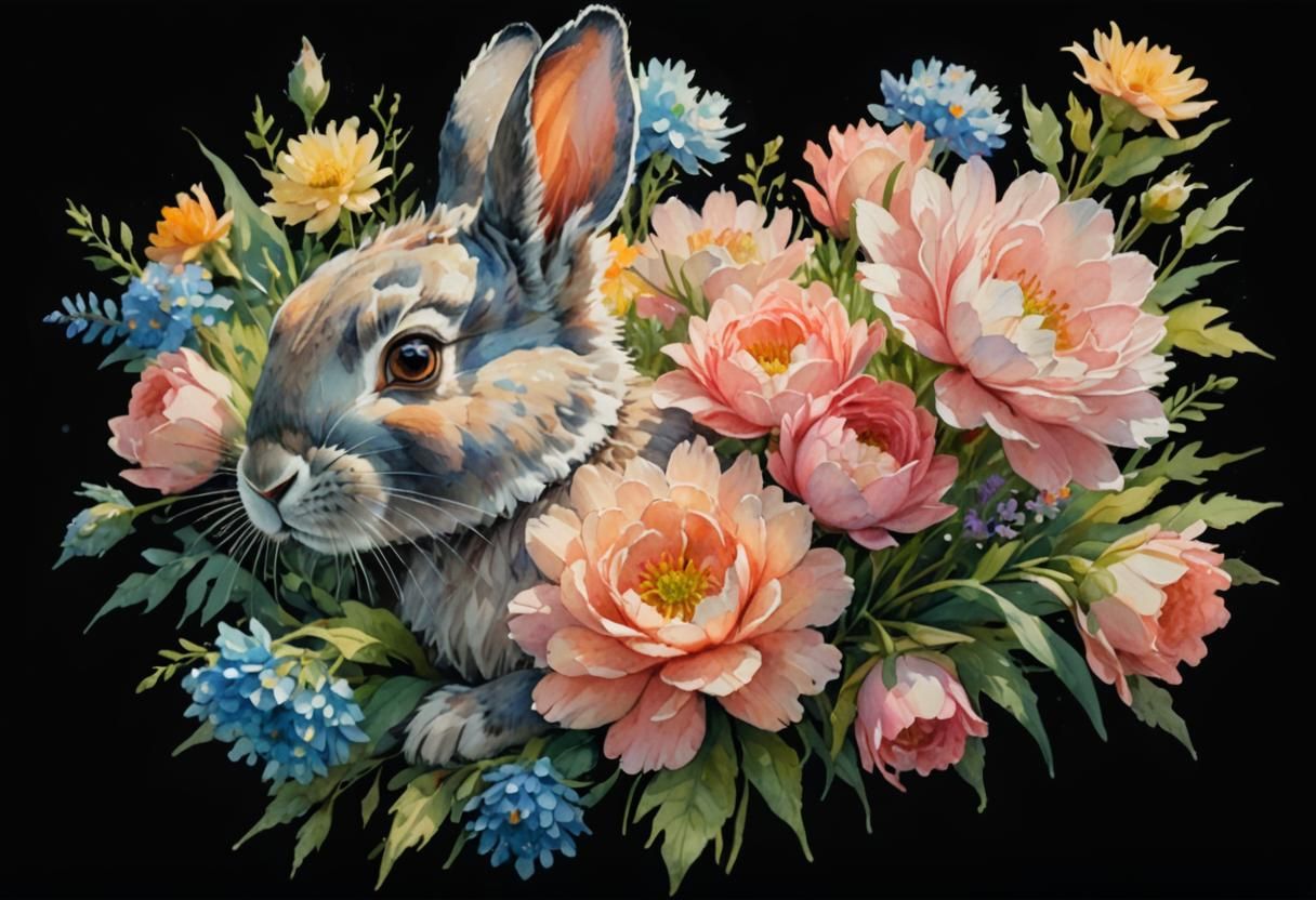 Rabbit with Flowers in Watercolor Meadow