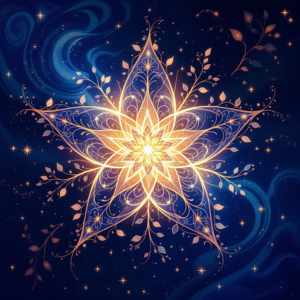 Luminous Celestial Star with Cosmic Trees and Leaves