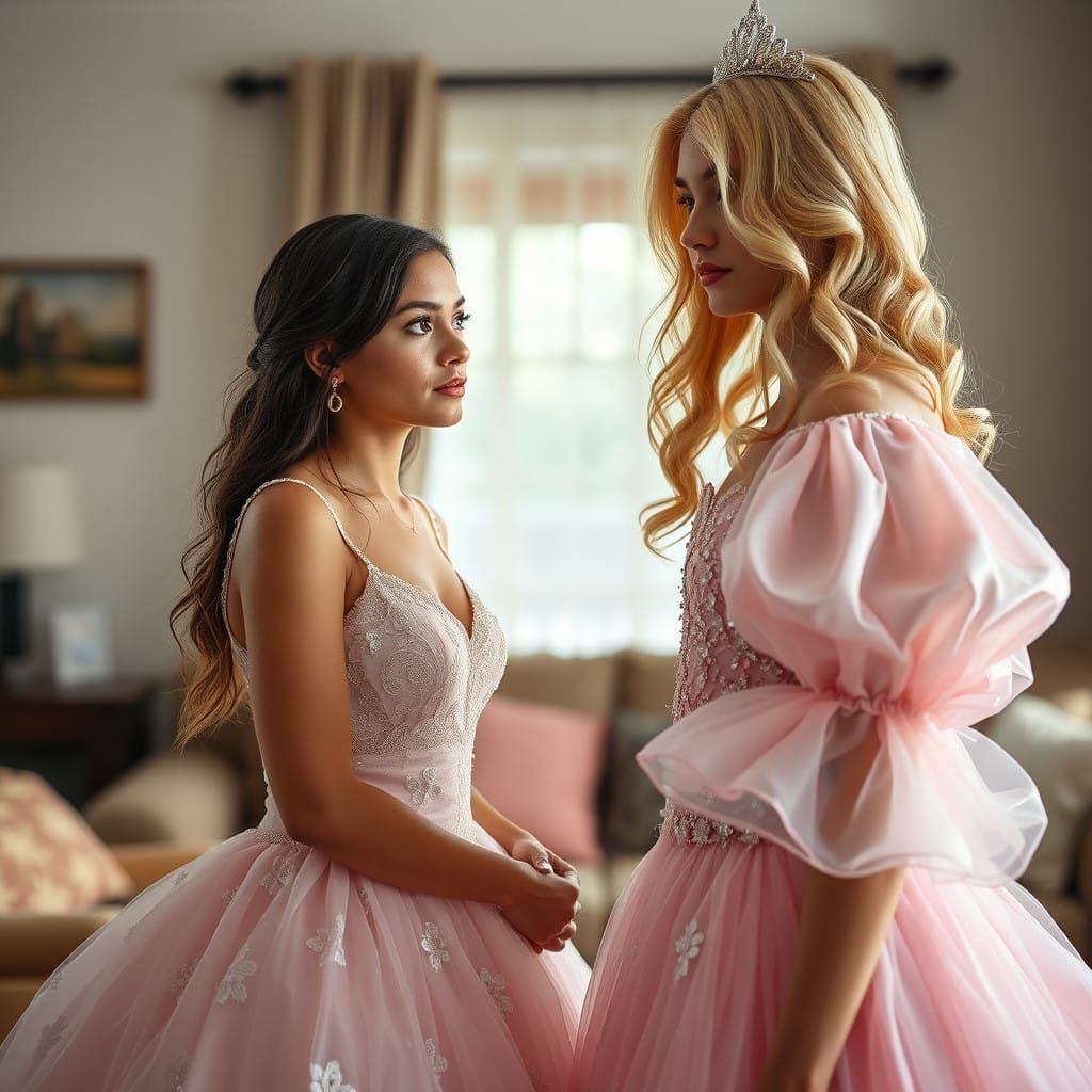 Androgynous Man in Quinceanera Dress Captivates Woman