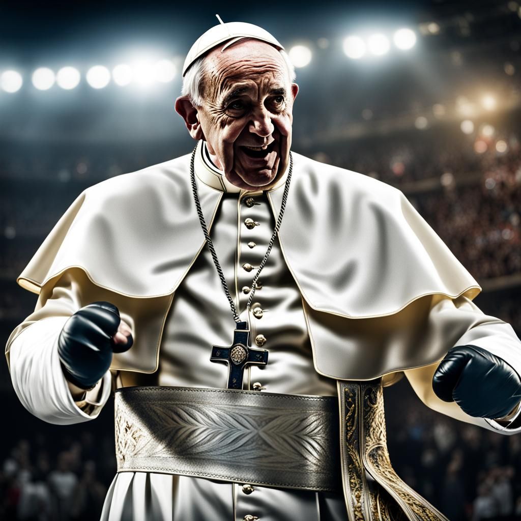 Hyperrealistic Pope Francis Boxing in a Ring