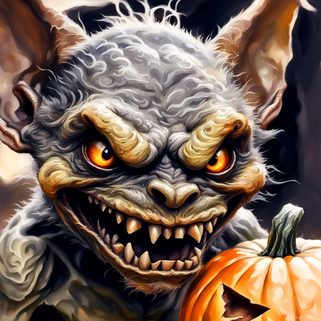 Eerie Goblin Portrait in Charcoal with Jack-o'-Lantern
