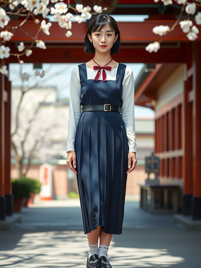 Kaori in School Uniform at Japanese Shrine with Cherry Bloss...
