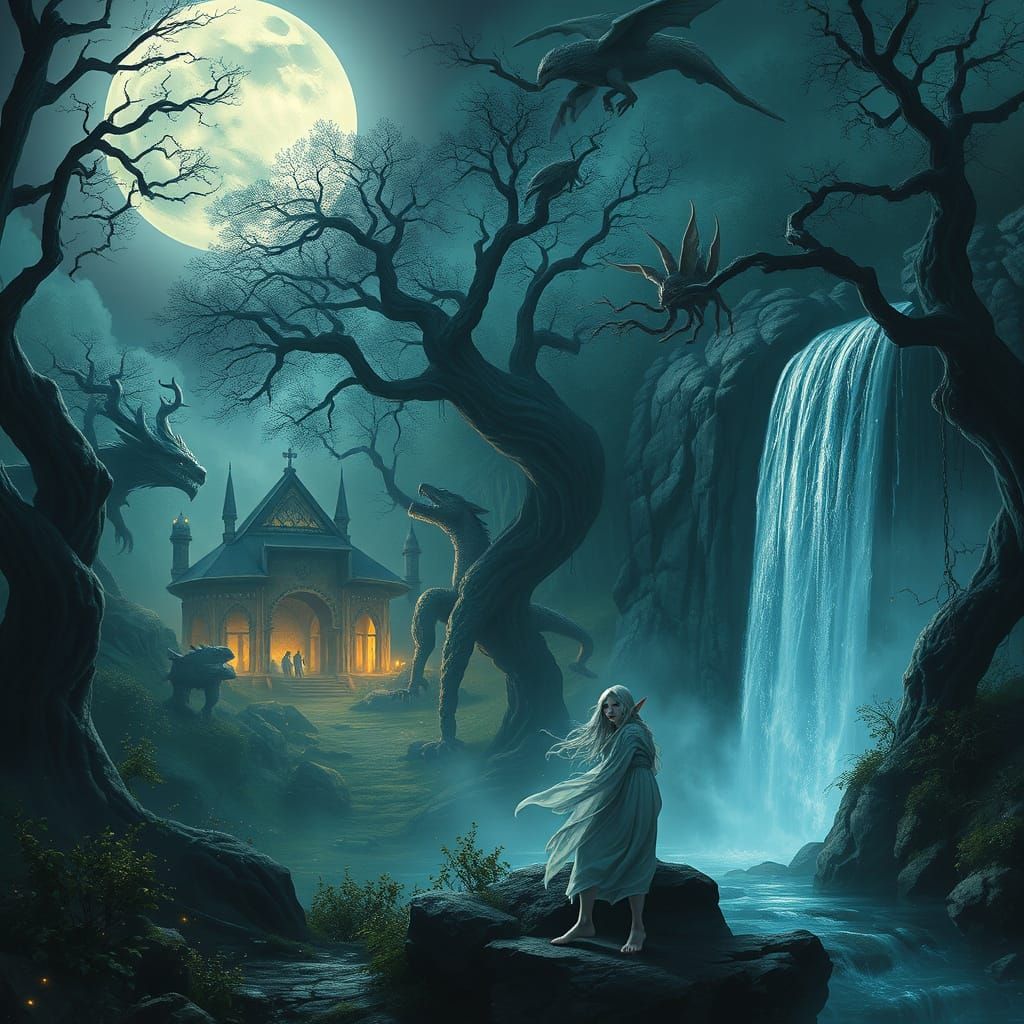 Moonlit Fantasy Forest with Mythical Beasts, Ethereal Elf