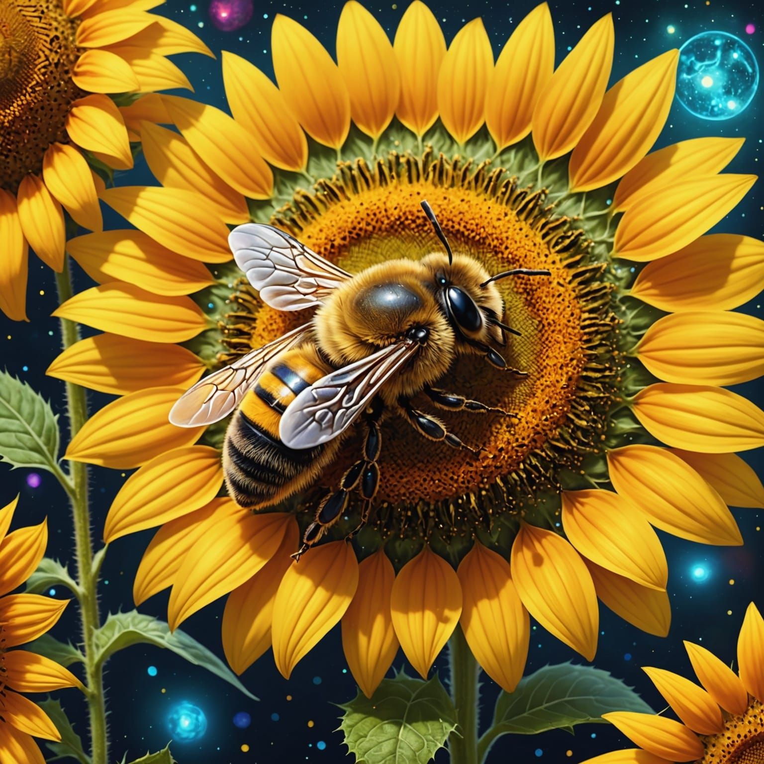 Honey Bee Sleeping on Sunflower, Astral Illustration