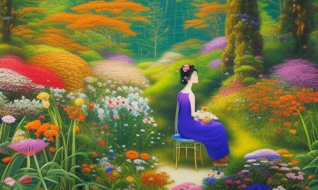 Surreal Floral Scene with Woman in Chair