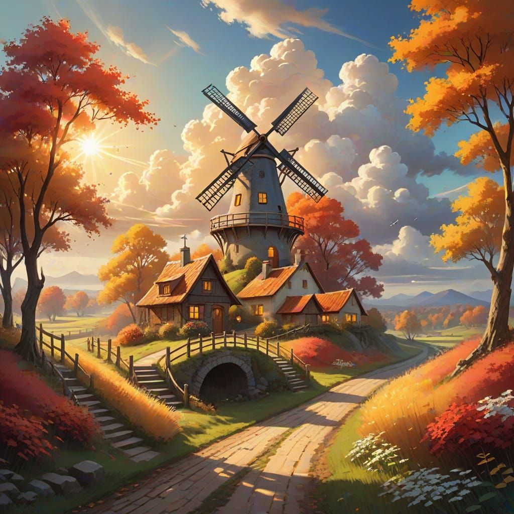 Whimsical Autumn Windmill Scene in Thomas Kinkaid Style