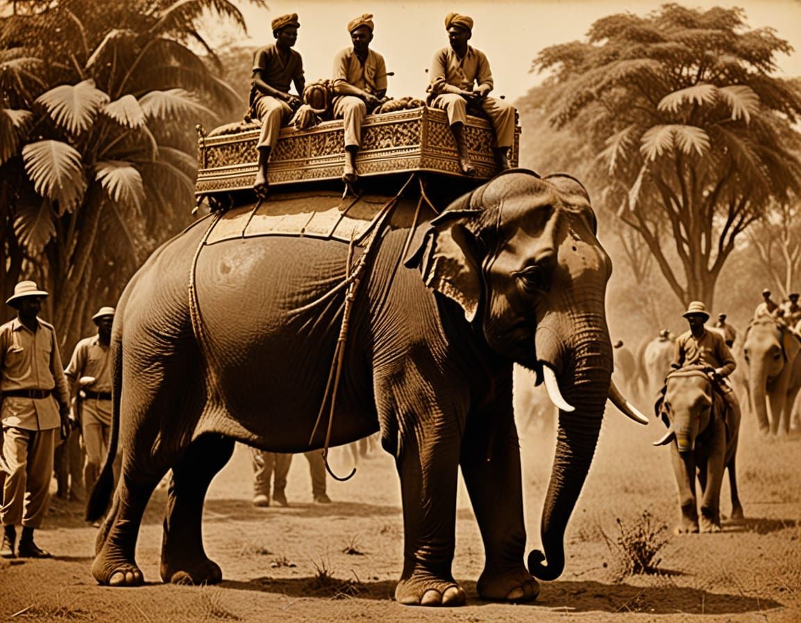 Vintage Elephant Carriage Tiger Hunt in Old India Photograph...