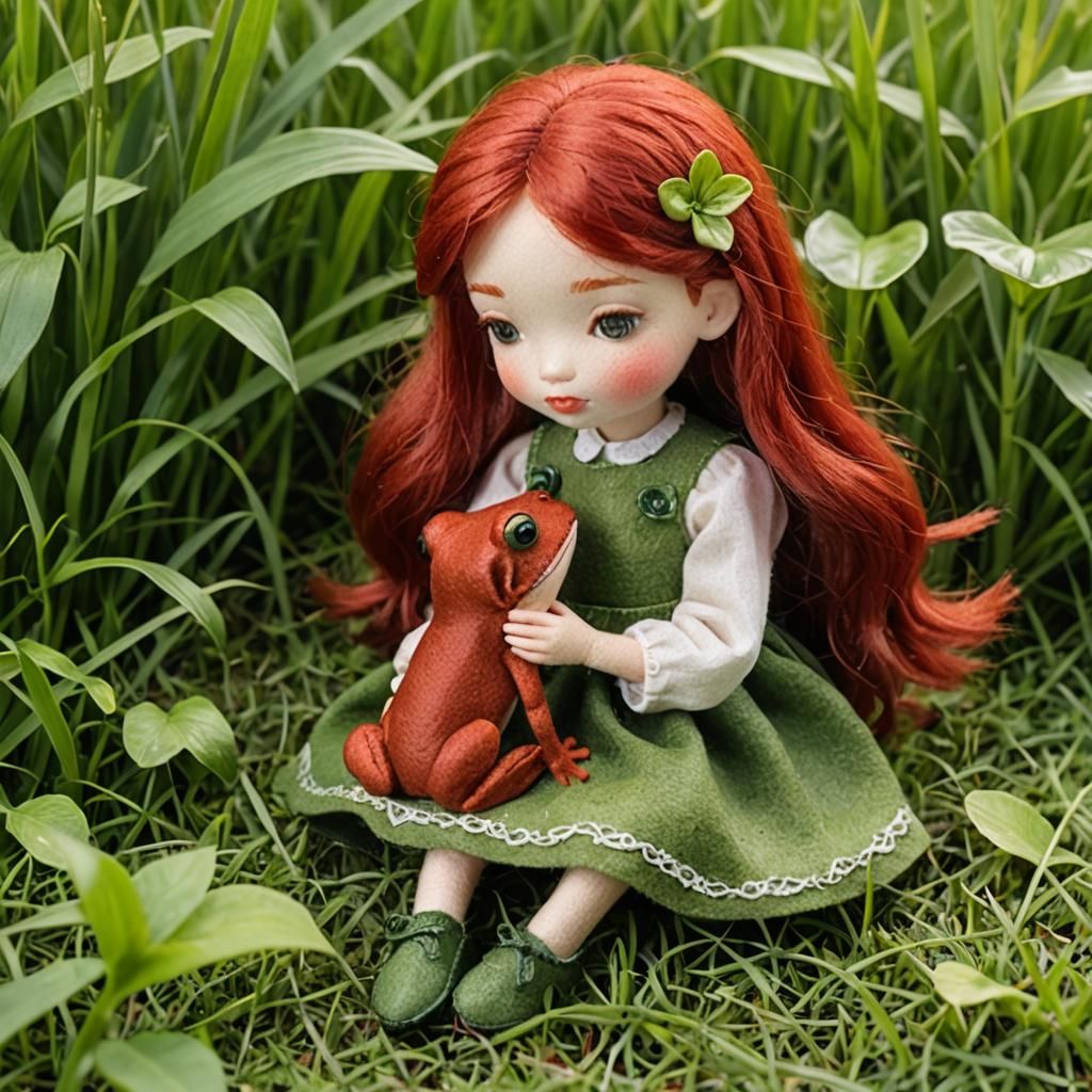 Red-Haired Doll Kisses Frog on Grass
