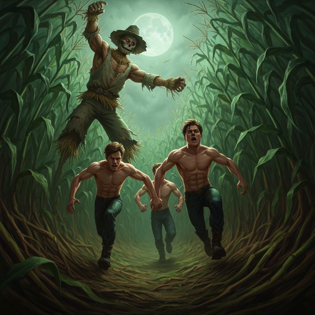 Muscular Men Flee Scarecrow in Corn Maze