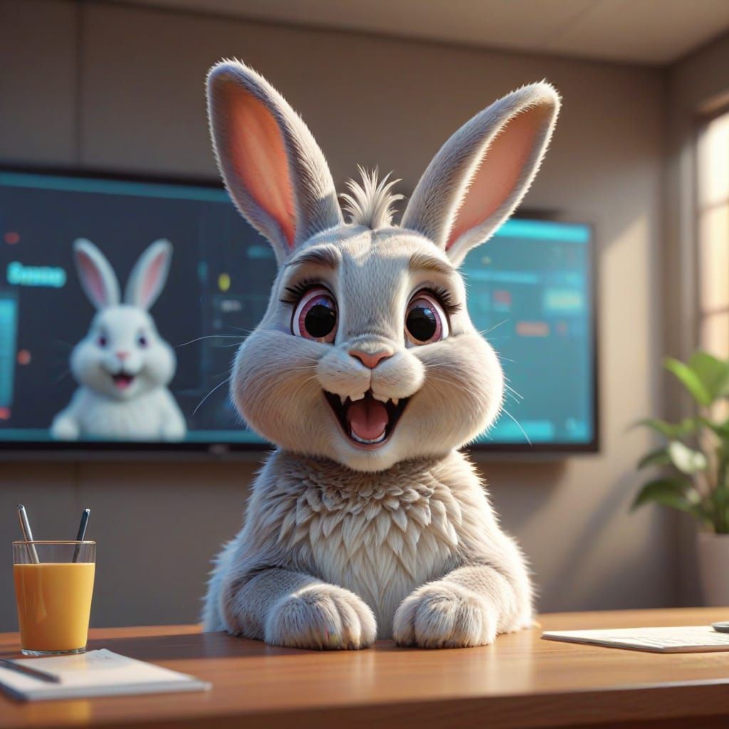 Laughing Bunny in Conference Room: 3D Cartoon