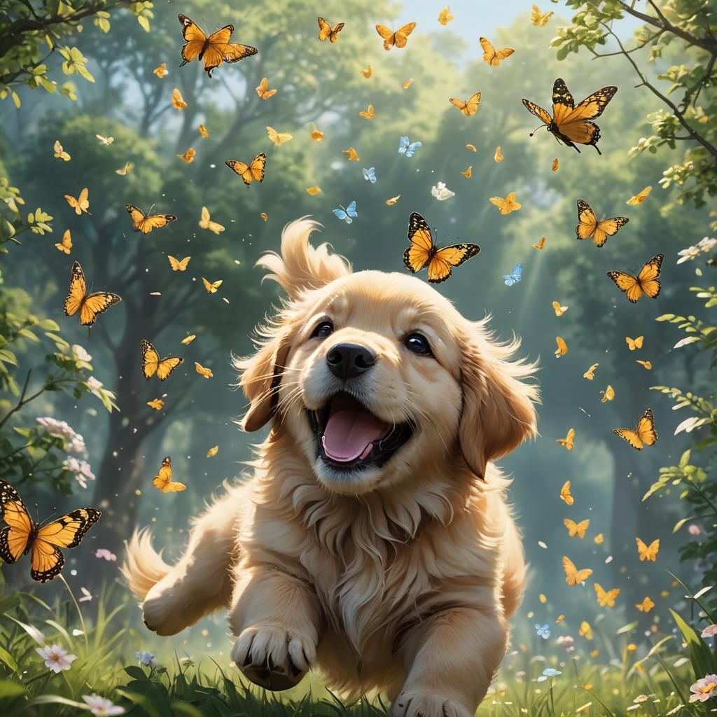 Golden Retriever Puppy Chasing Butterfly: 3D Anime Art