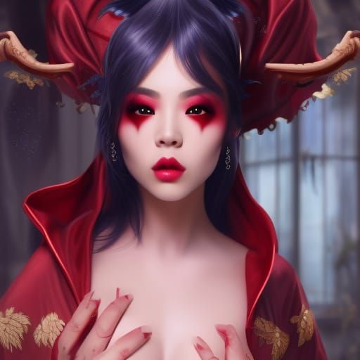 Asian Vampire Stares in Silk Robe, Matte Painting