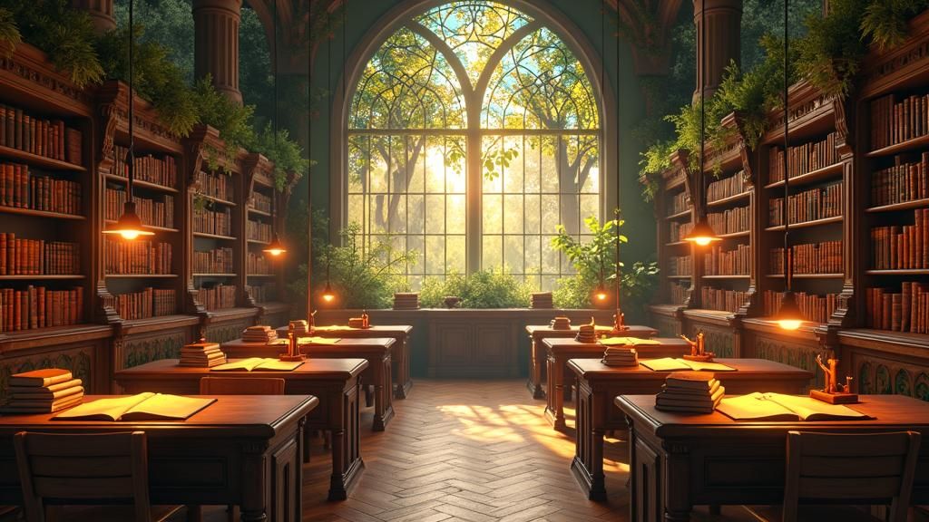 Mystical Forest Classroom with Ancient Books, Hyper-Realisti...