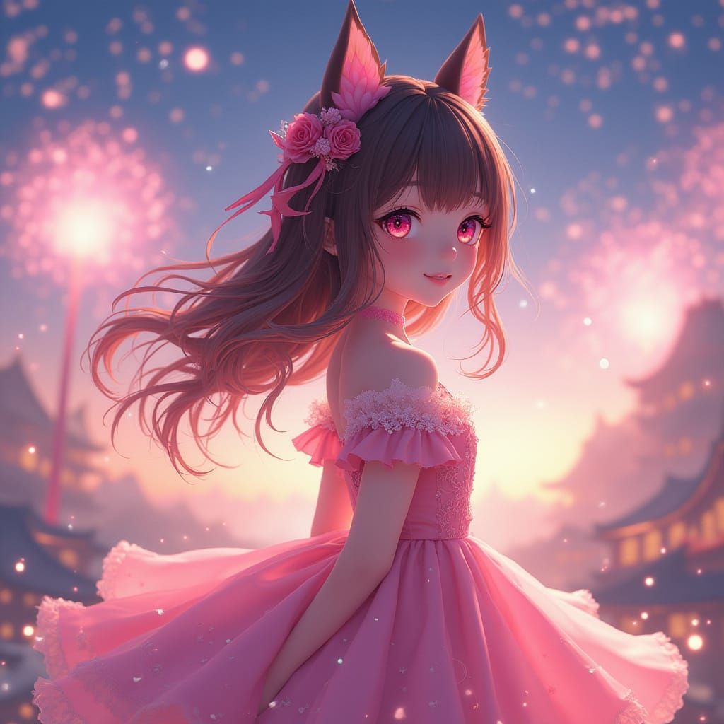 Adorable Girl in Vibrant Firework Sky, 3D Anime Art