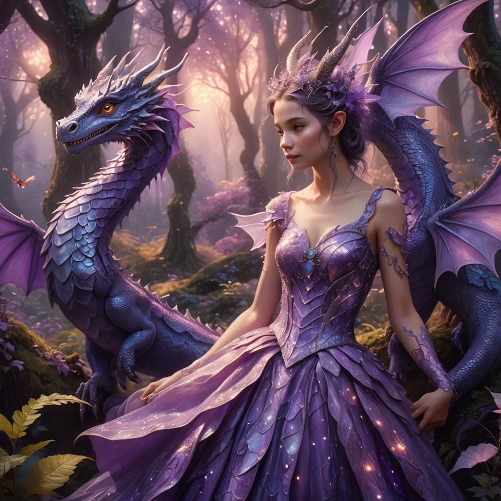 Purple Dragon and Fairy in Dreamy Forest