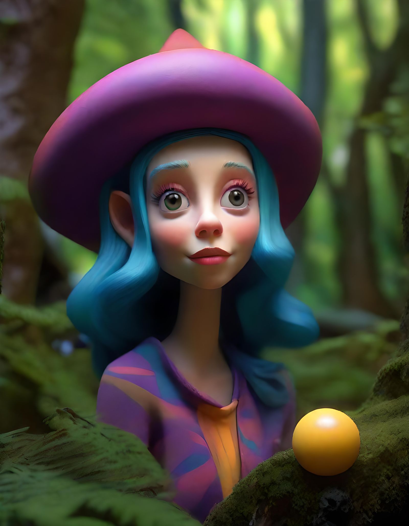 Adorable Witch with Flame Powers in Op-Art Forest