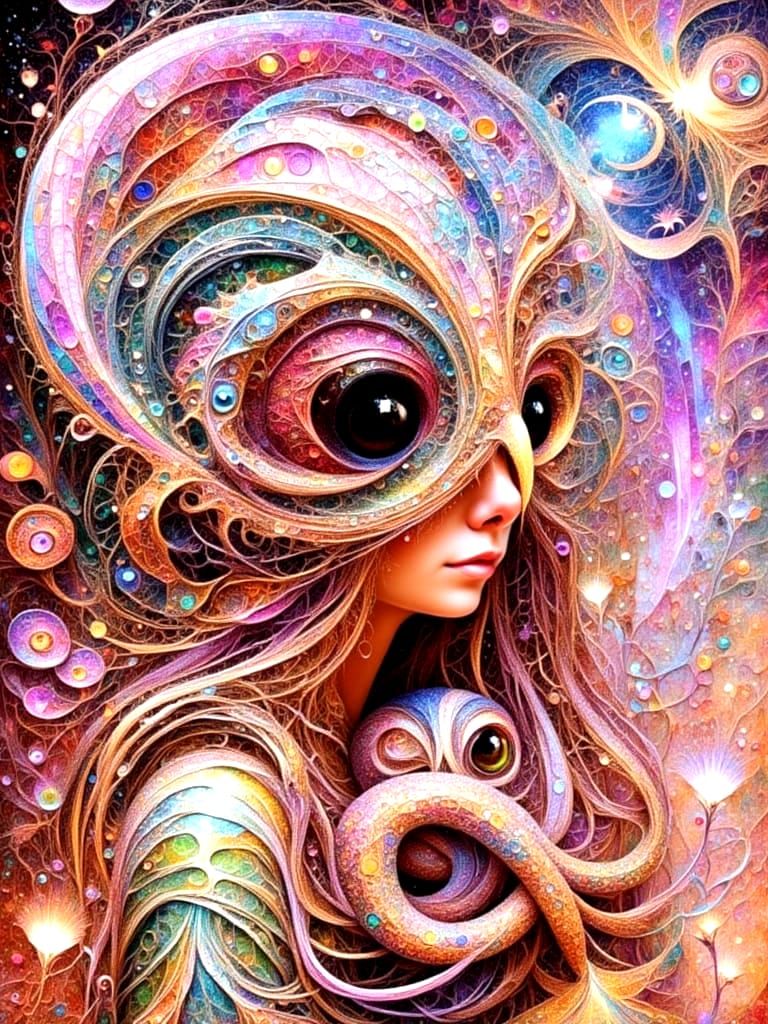 Intricate Fractal Owl Goddess With Baby Owl