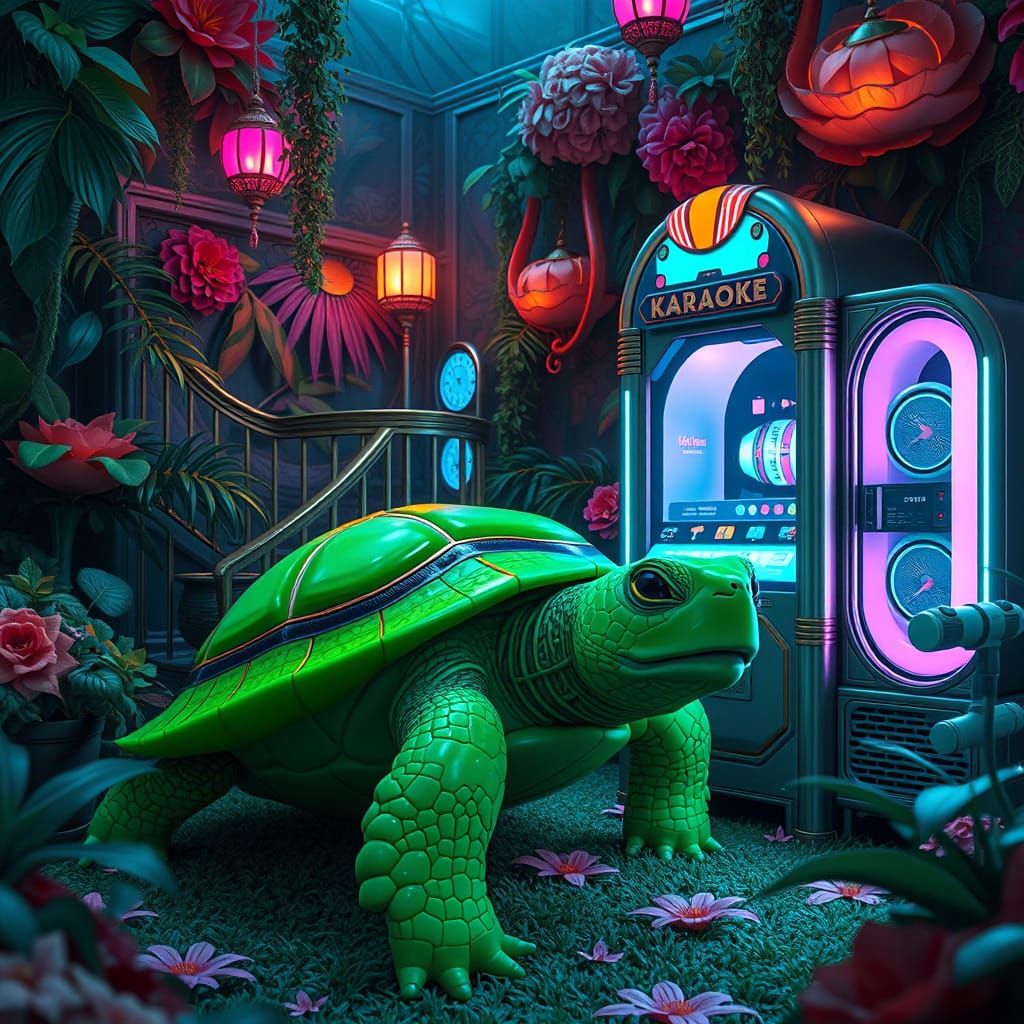 Emerald Turtle Sings Karaoke in Ornate Garden