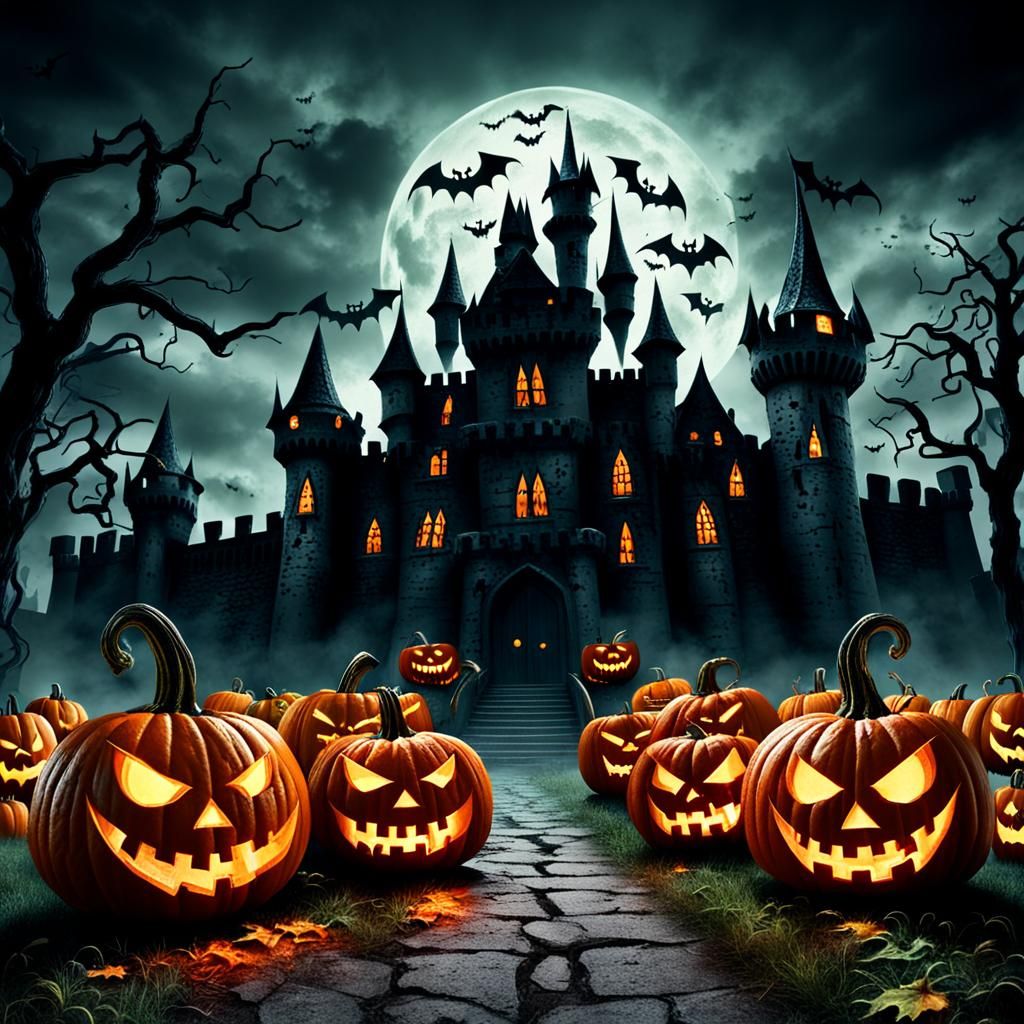 Spooky Castle with Evil Grinning Pumpkins