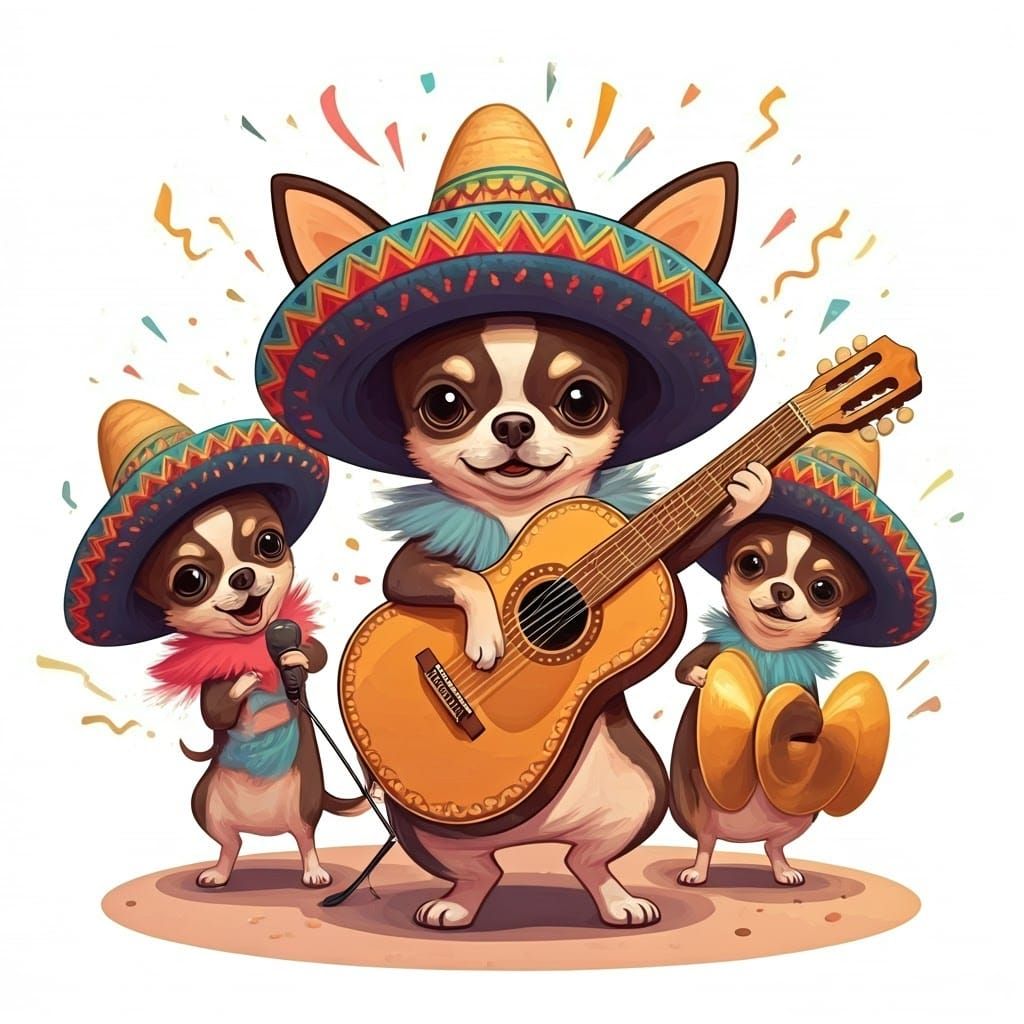 Chihuahua Band in Sombreros with Confetti Explosions