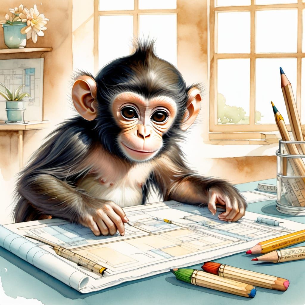 Whimsical Architect Monkey in Morning Light