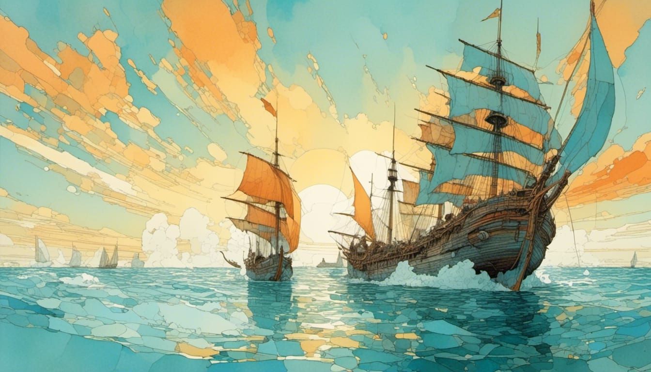 Greek Bireme at Sea in Moebius Style