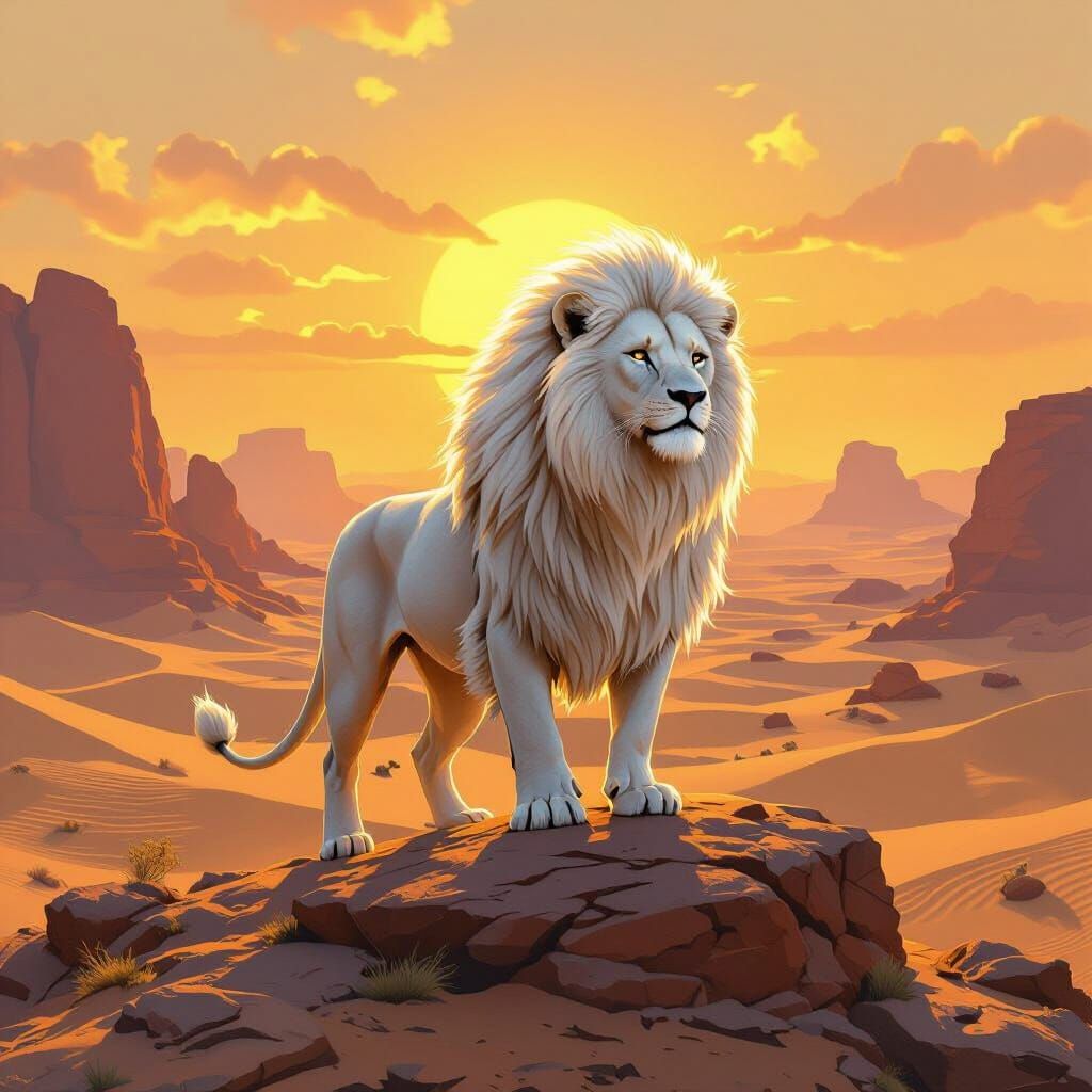 Majestic White Lion in Desert Landscape