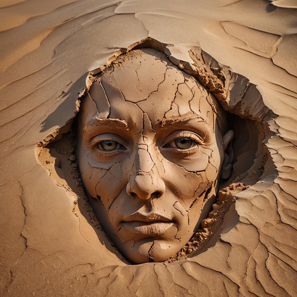 Fragmented Face Emerges from Desert Sands