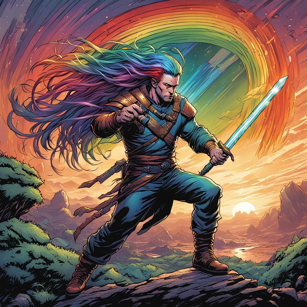 Rainbow Haired Warrior in Comic Book Style