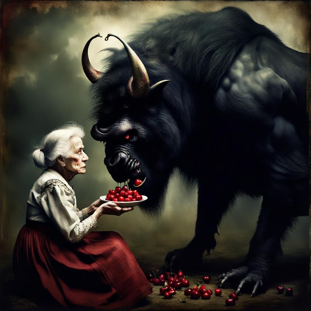 Eerie Portrait: Old Woman Feeds Black Beast