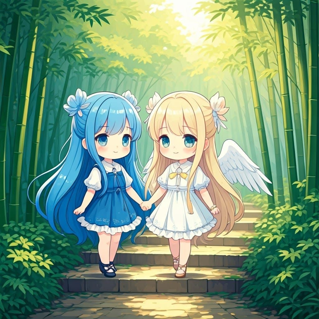 Chibi Angels Walking in Bamboo Forest: Anime Style