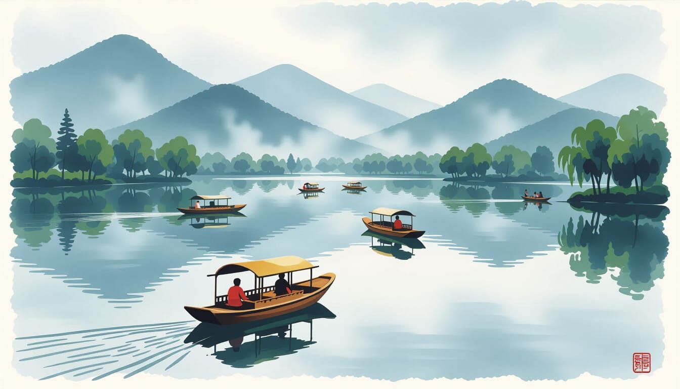 West Lake, China: Rainy Day Landscape