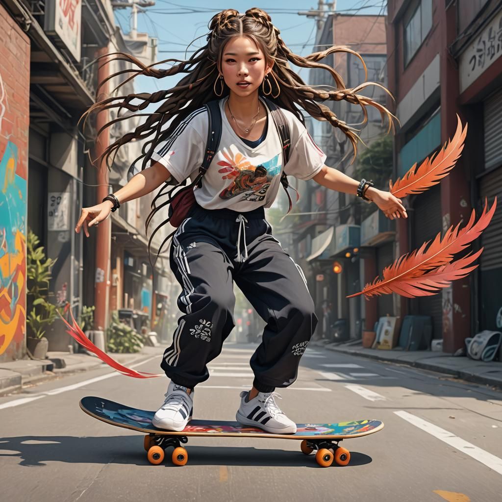 Skateboarding Japanese Woman Portrait in Hyperdetailed Style