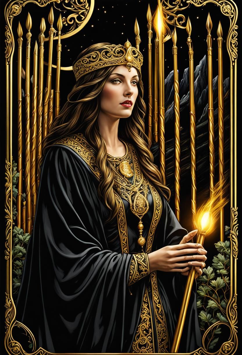 Ornate Nine of Wands Tarot Card in HDR
