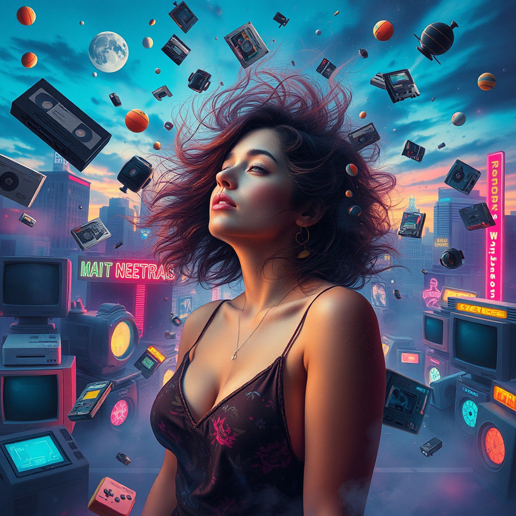 Nostalgic Dreamscape: 90s Pop Culture in Neon Cityscape