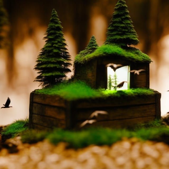 Miniature Magic Forest with Flying Ravens