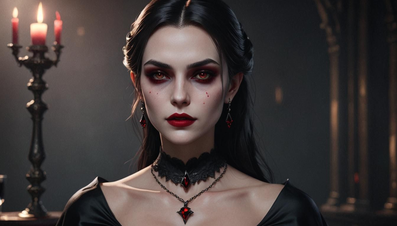Vampire Girl Portrait with Ruby Pendant, 3D Render