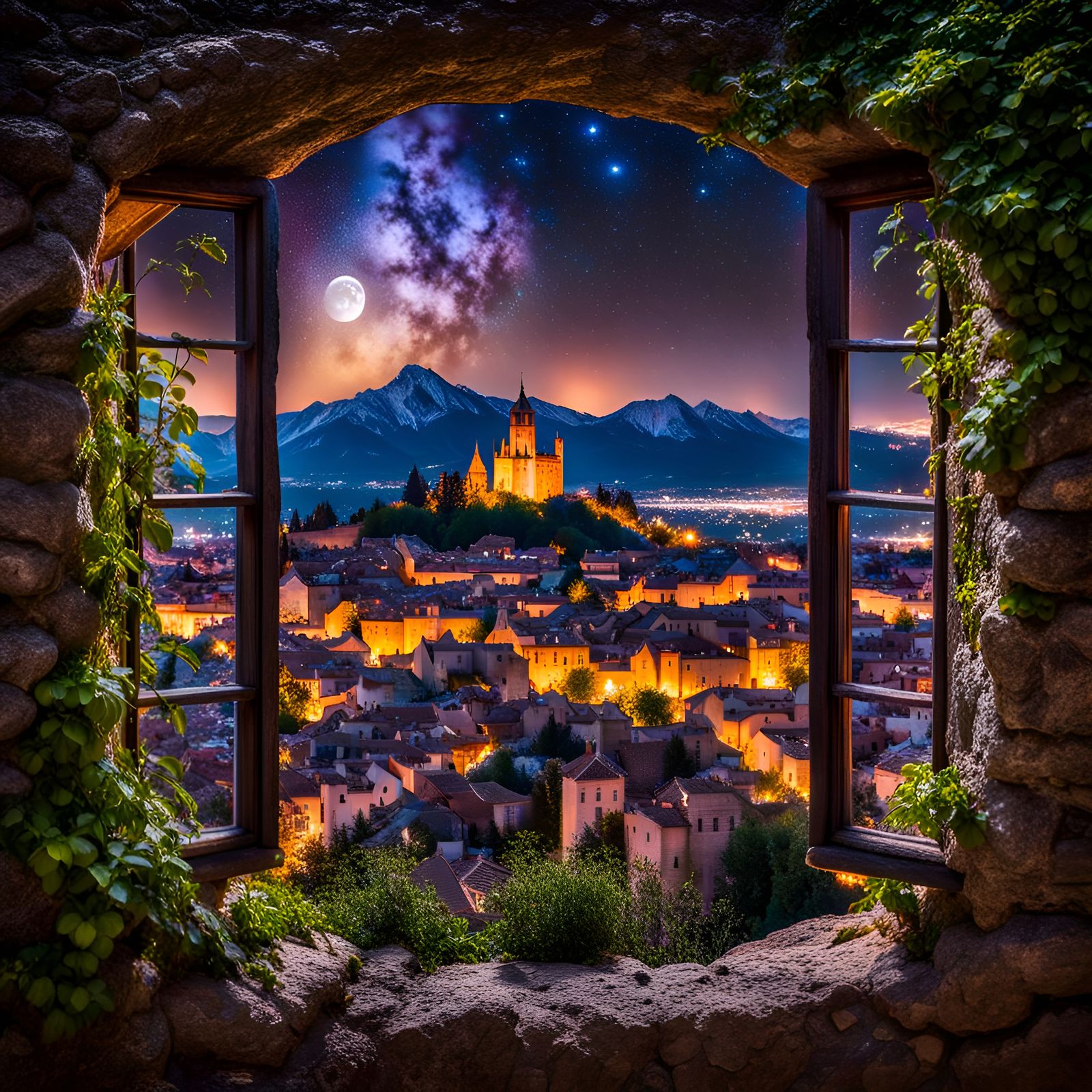 Nighttime Cityscape with Stars in Expressionist Style