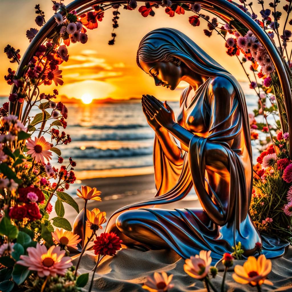 Glass Woman Filled with Flowers on Beach