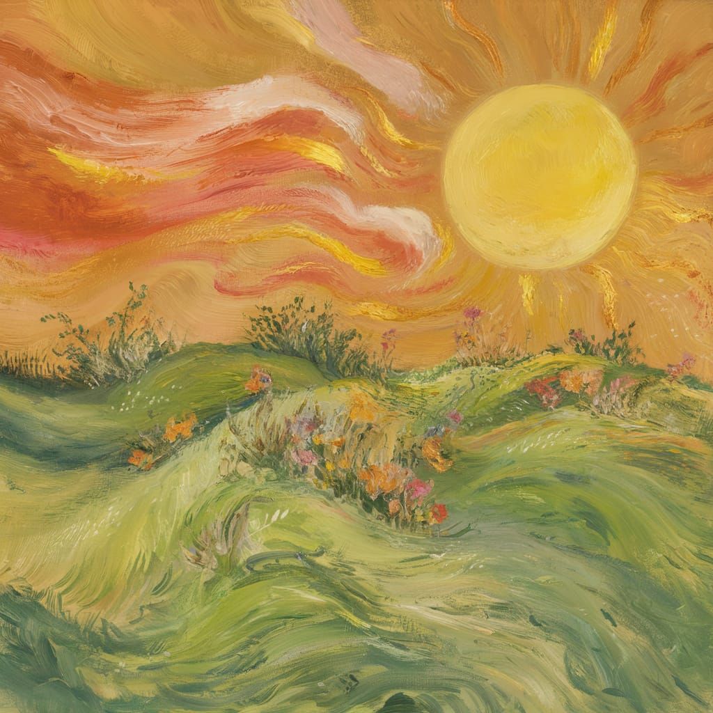 An explosion of pure euphoria captured in the vivid, kinetic style of Van Gogh, where a sun-drenched meadow bursts to li...