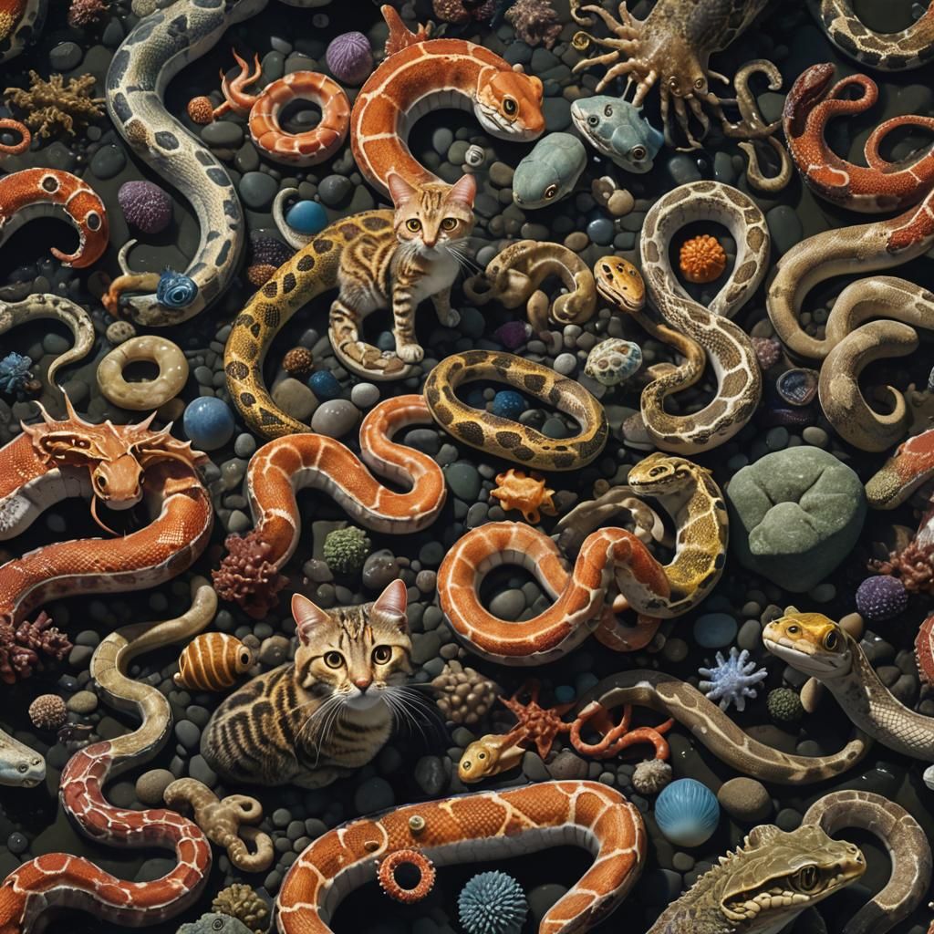 Hybrid Cat-Snake Creature in Tide Pool, Photorealistic Art