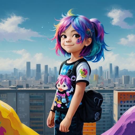 Chibi Character with Graffiti Art and Polychromatic Colors