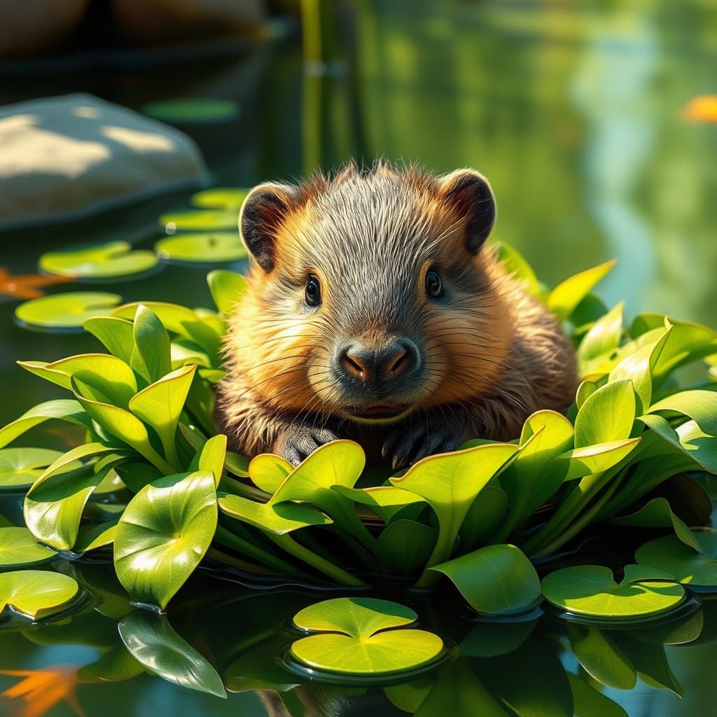 Whimsical Baby Capybara in Lush Aquatic Haven