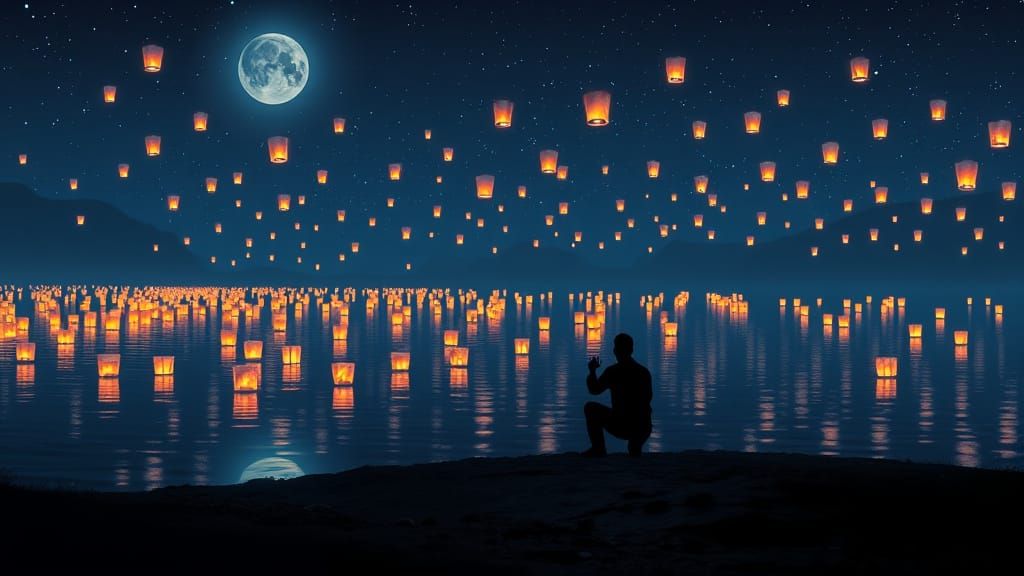 Floating Lanterns Reflect on Calm River at Night