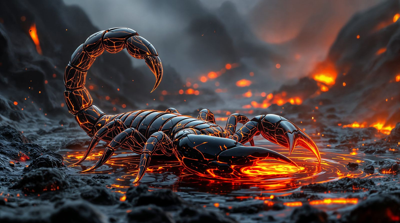 Majestic Obsidian Scorpion Erupts from Lava-Filled Landscape