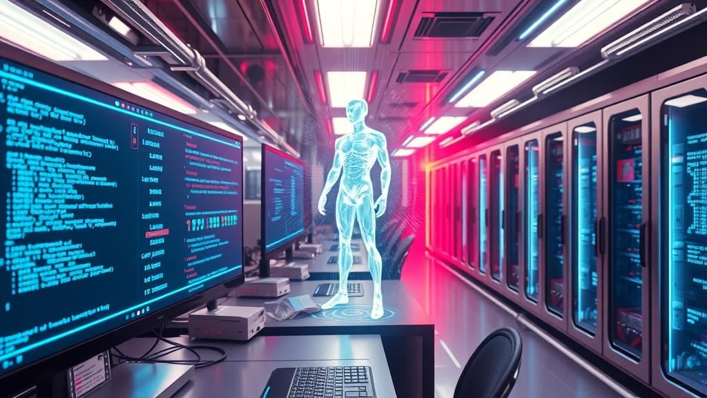 Holographic AI Entity in Futuristic Lab, Syd Mead Style