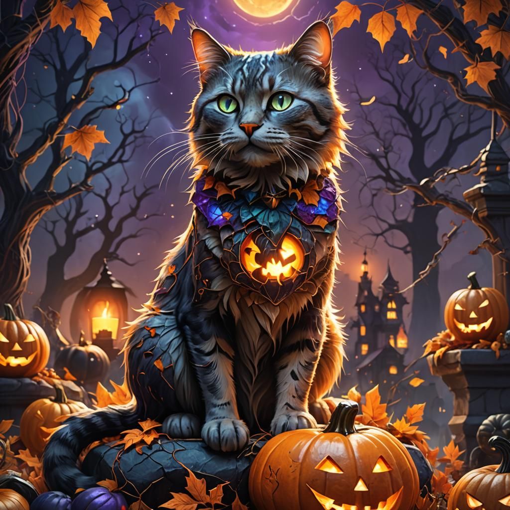 Halloween Cat on Jack-o'-Lantern: Fantasy Concept Art
