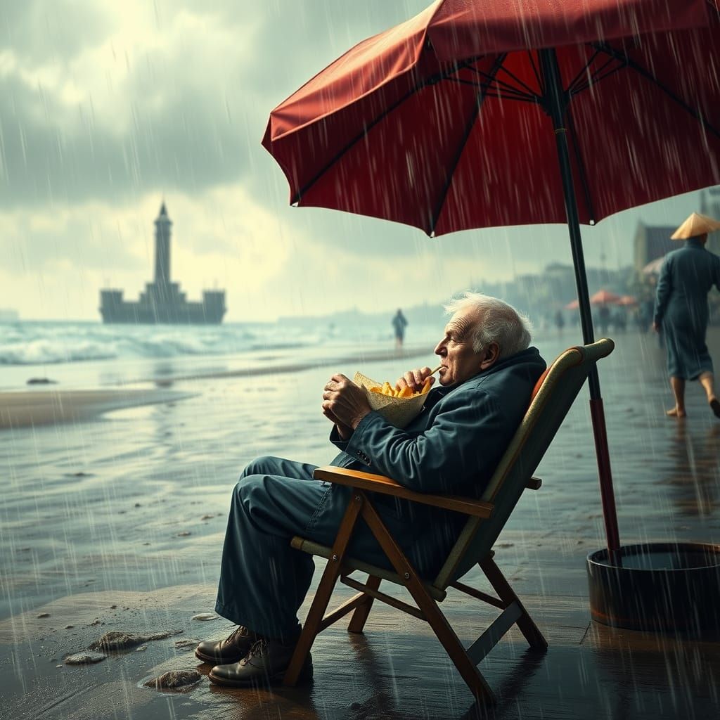 Blackpool Beach: Man Eating Fish and Chips