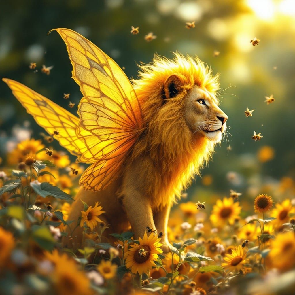 Lion-Butterfly Hybrid on Sunflower in Hyperdetailed Style